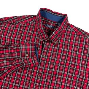 IZOD Mens Large Plaid Button Down Long Sleeve Cotton Shirt Red Black